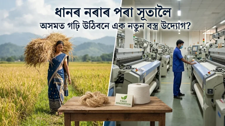 A split-screen image featuring an Assamese woman carrying paddy straw in a field on the left and a worker operating machinery in a modern textile facility on the right, with a wooden table in the center holding raw plant fibre and spun yarn.