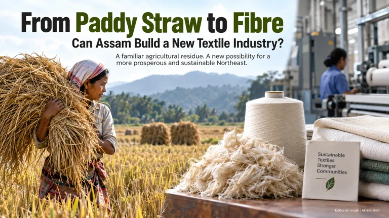 Paddy straw being transformed into cellulose fibre and sustainable textiles, representing Assam's potential for a new textile industry.