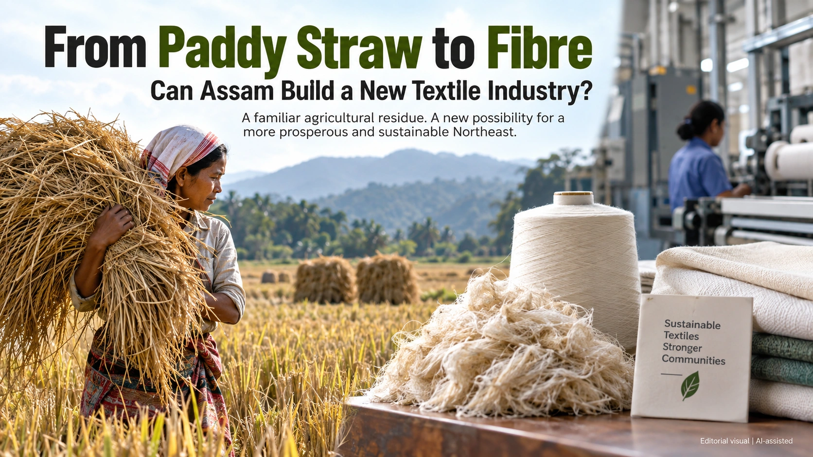 Paddy straw being transformed into cellulose fibre and sustainable textiles, representing Assam's potential for a new textile industry.