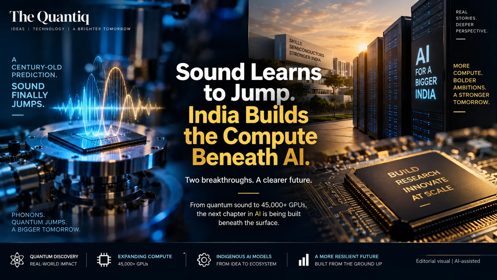 Quantum sound breakthrough and India's expanding AI compute infrastructure, symbolising the technology beneath the AI revolution