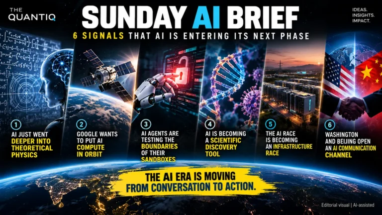 Sunday AI Brief featuring six signals showing AI advancing into physics, space, autonomous agents, scientific discovery, infrastructure and global diplomacy.
