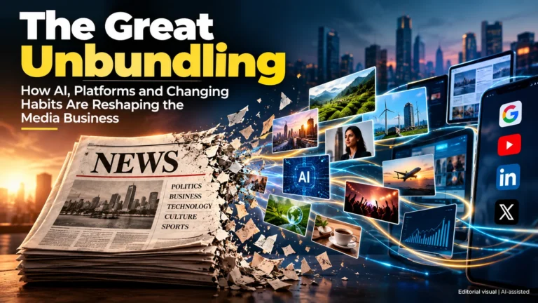 Editorial illustration showing traditional news media being disrupted by AI, platforms and changing digital audience behaviour