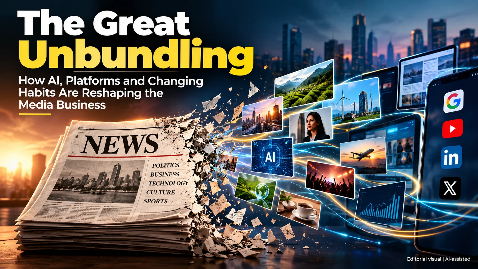 Editorial illustration showing traditional news media being disrupted by AI, platforms and changing digital audience behaviour