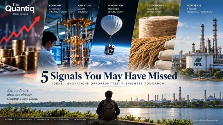 The Quantiq featured image showing five emerging signals across India: inflation, quantum computing, space pharmaceuticals, circular economy and Northeast industrial growth.