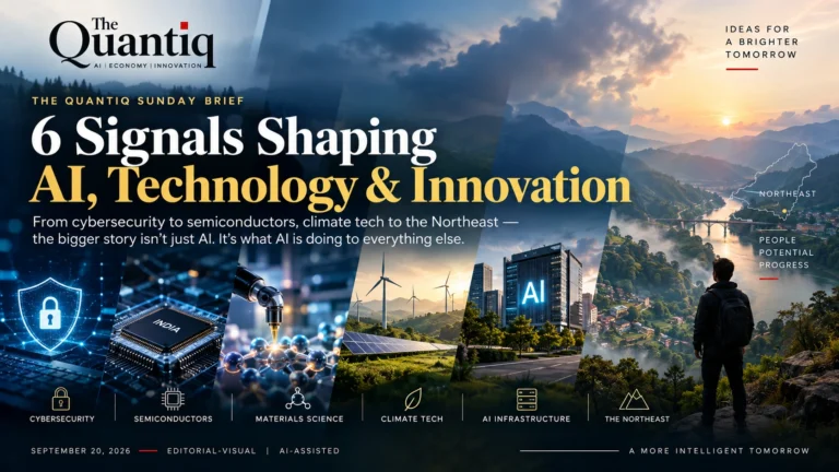 The Quantiq Sunday Brief featuring six signals shaping AI, technology and innovation, including cybersecurity, semiconductors, materials science, climate tech, AI infrastructure and Northeast India