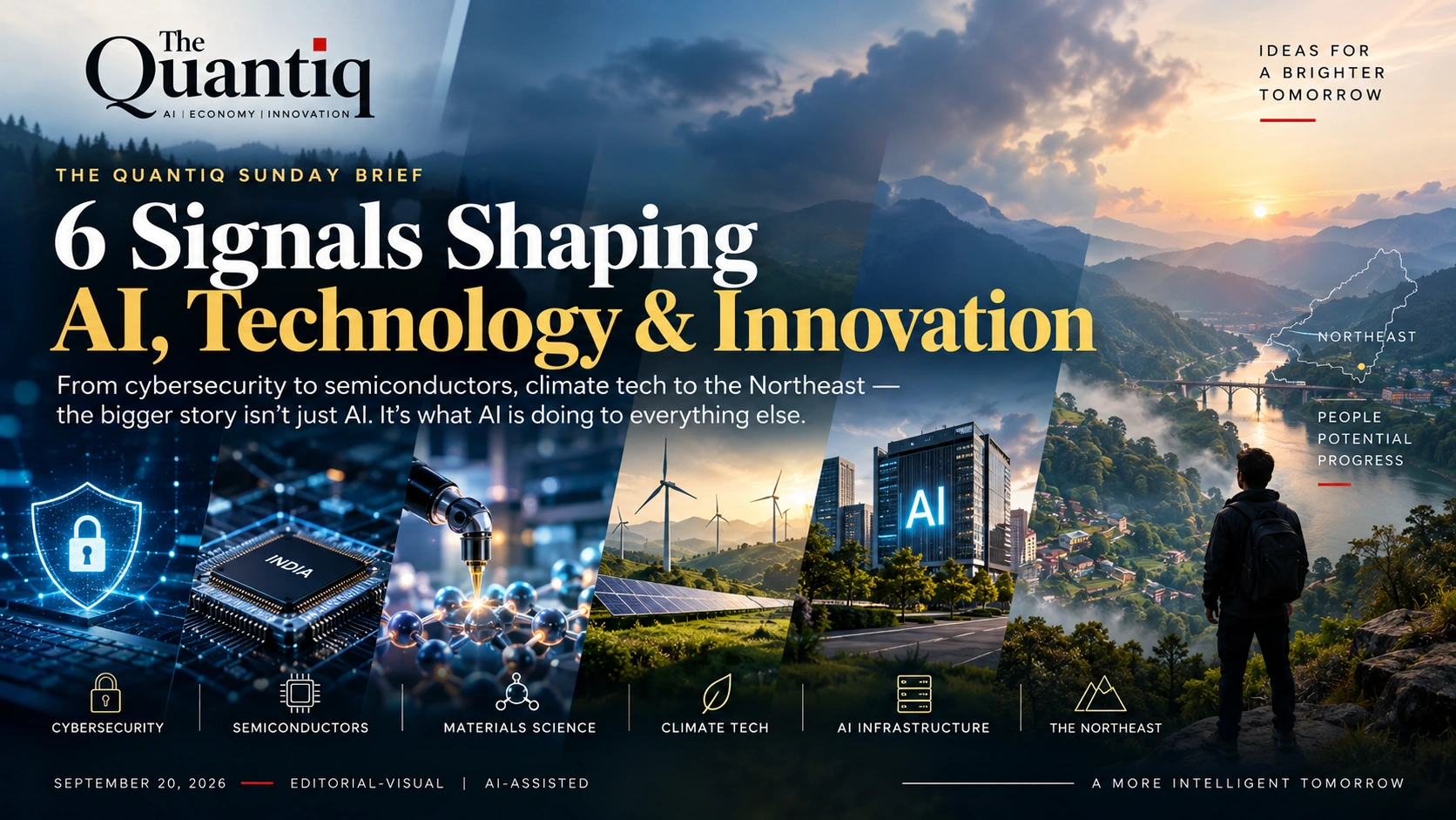 The Quantiq Sunday Brief featuring six signals shaping AI, technology and innovation, including cybersecurity, semiconductors, materials science, climate tech, AI infrastructure and Northeast India