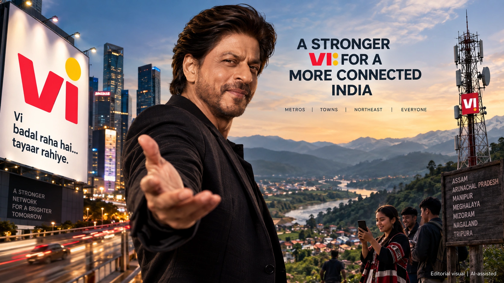 Shah Rukh Khan-led Vi brand transformation visual connecting Indian cities with Assam and Northeast India