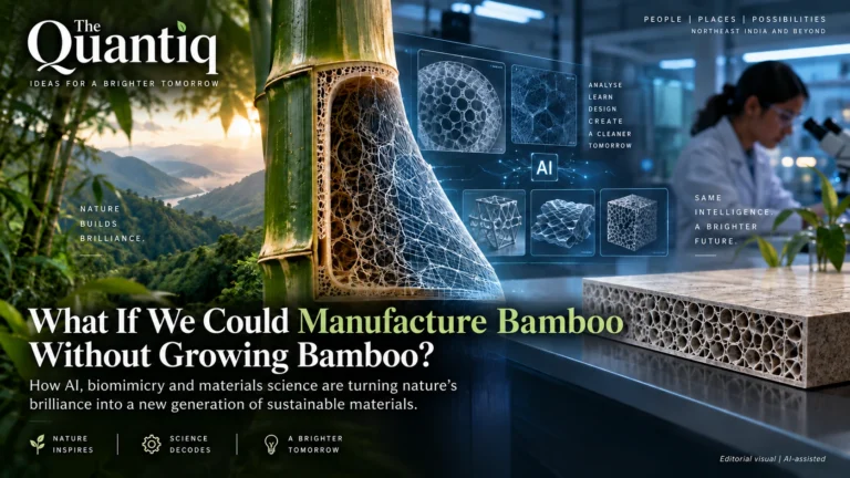 AI-assisted editorial visual showing bamboo transitioning into futuristic bio-inspired materials and an advanced materials laboratory.