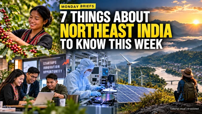 Monday Briefs featuring seven key developments shaping Northeast India, including coffee, startups, semiconductors, tourism and renewable energy