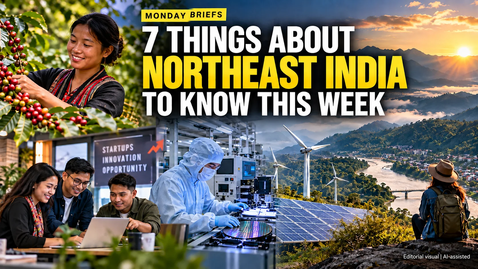 Monday Briefs featuring seven key developments shaping Northeast India, including coffee, startups, semiconductors, tourism and renewable energy