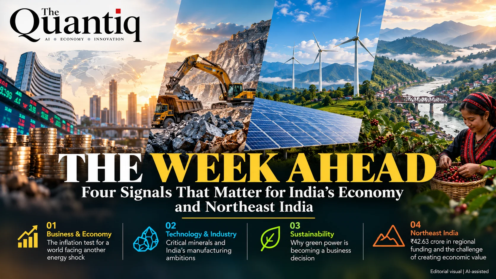 The Quantiq Monday Brief: four economic signals shaping India and Northeast India, covering inflation, critical minerals, green energy and regional development.