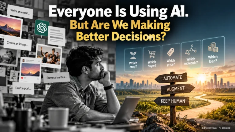 A business professional considers AI-generated content alongside decision-making choices for crops, buyers, pricing, molecules and loans.