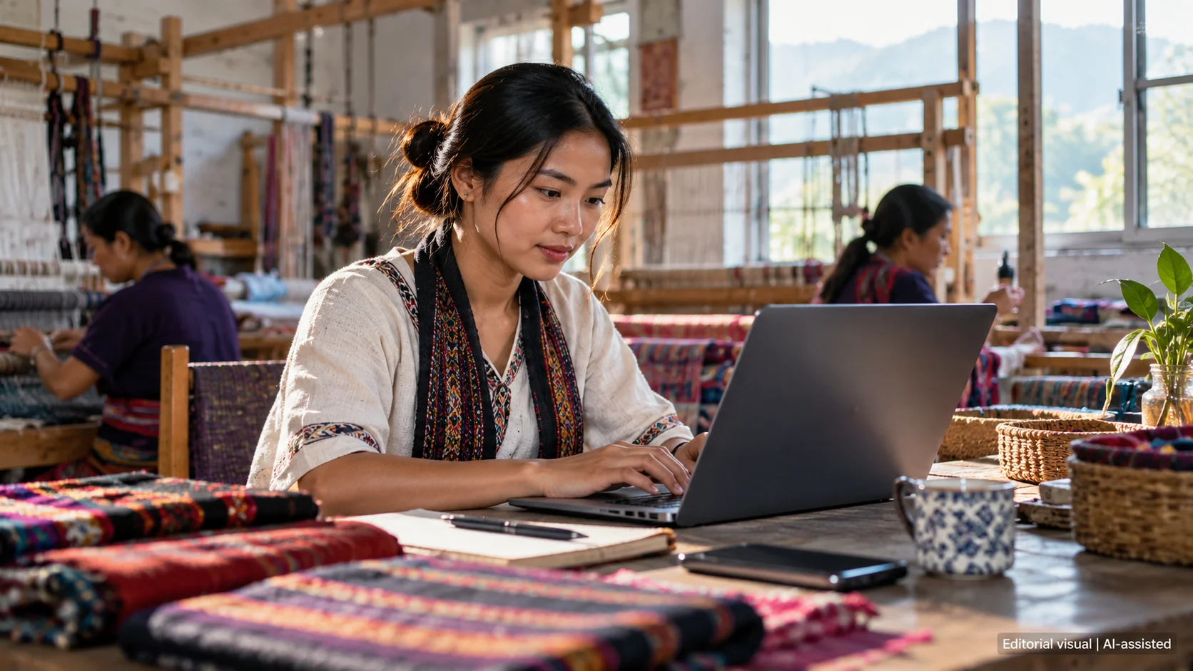 Woman entrepreneur using a laptop in a textile workshop, illustrating AI-enabled entrepreneurship.