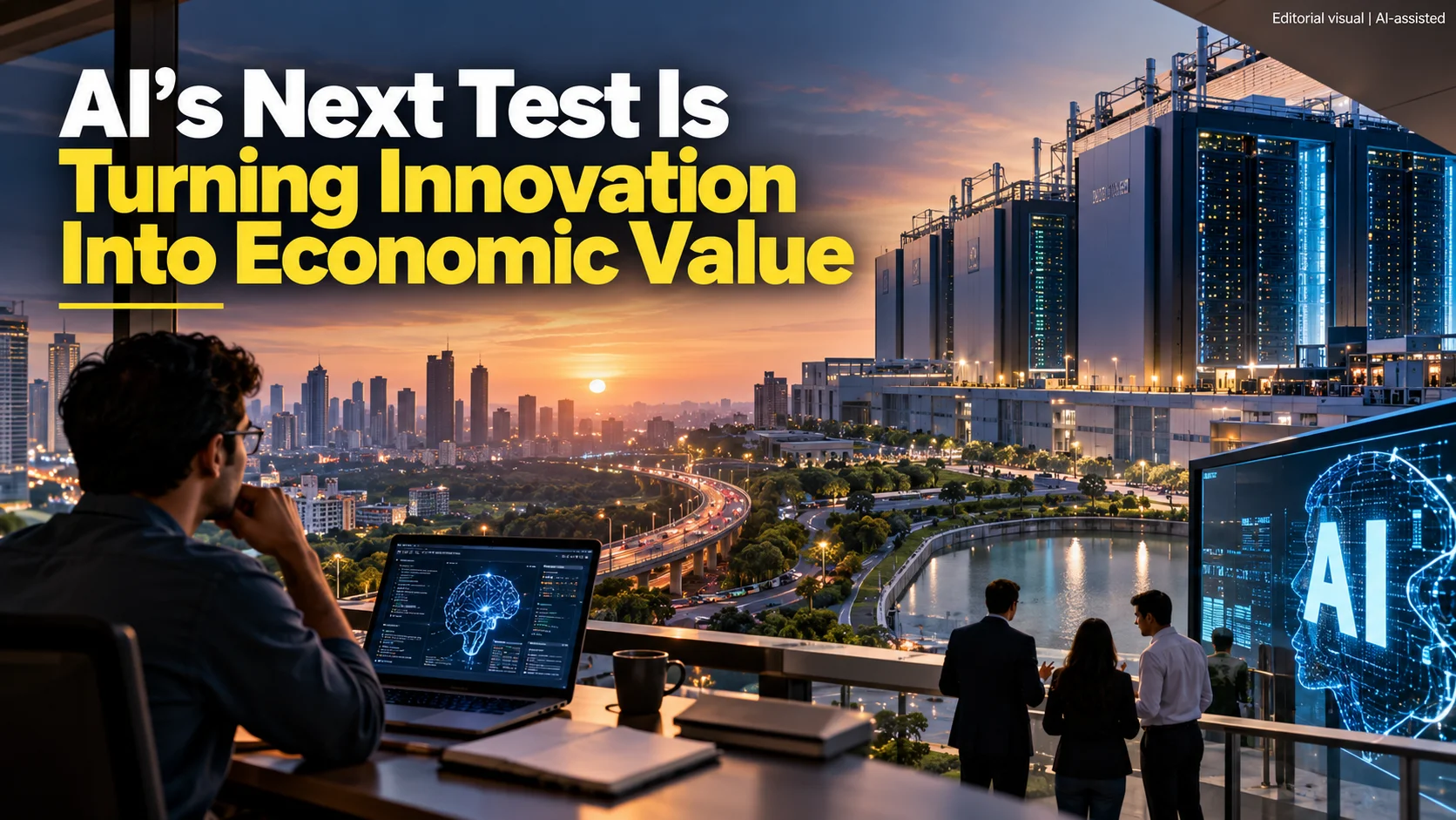 AI infrastructure and a futuristic city at sunset illustrating the challenge of turning artificial intelligence innovation into economic value.
