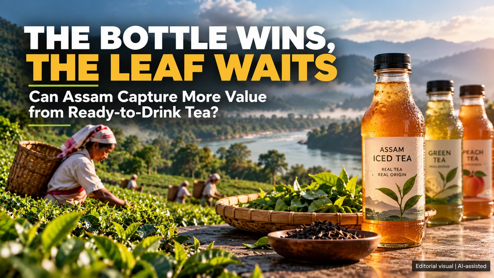 Ready-to-drink Assam tea bottles alongside fresh tea leaves in a tea garden landscape, illustrating value addition in Assam's tea industry.