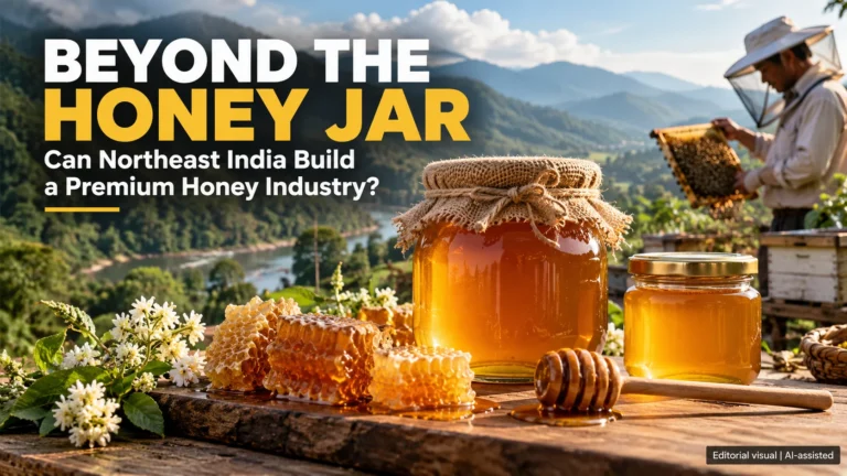 Premium honey jars and fresh honeycomb in a Northeast Indian landscape, with a beekeeper inspecting a honeycomb frame.