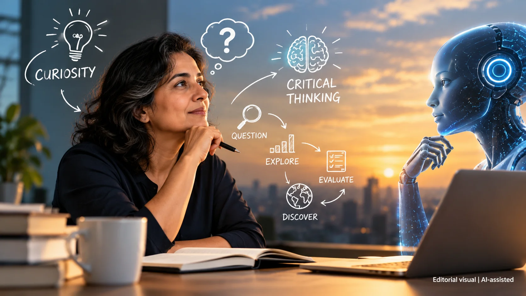 A woman thoughtfully exploring ideas with an AI assistant, illustrating curiosity and critical thinking in the age of generative AI.