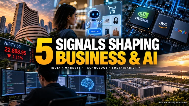 Five signals shaping business and AI, featuring Indian financial markets, AI-powered shopping, computing chips, software development and data-centre infrastructure.