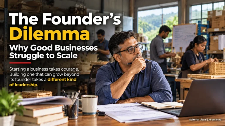 Entrepreneur reviewing business plans as a team manages daily operations
