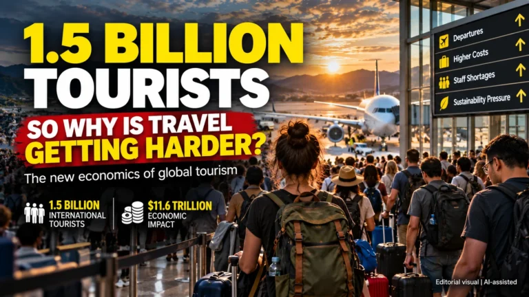 Crowded airport terminal at sunset with travellers carrying backpacks and luggage toward a departures sign listing higher costs, staff shortages and sustainability pressure. Text reads "1.5 billion tourists, so why is travel getting harder?