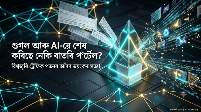 গুগল চাৰ্চৰ ফ্ৰেম আৰু ডেটা নেটৱৰ্কৰ সৈতে এক ফিউচাৰিষ্টিক গ্লাছ প্ৰিজমৰ ফিউচাৰিষ্টিক ব্যাকগ্ৰাউণ্ড, য’ত বাওঁফালে "গুগল আৰু AI-য়ে শেষ কৰিছে নেকি বাতৰি প’ৰ্টেল?" শীৰ্ষক ডাঙৰ অসমীয়া আখৰৰ শিৰোনাম আছে।