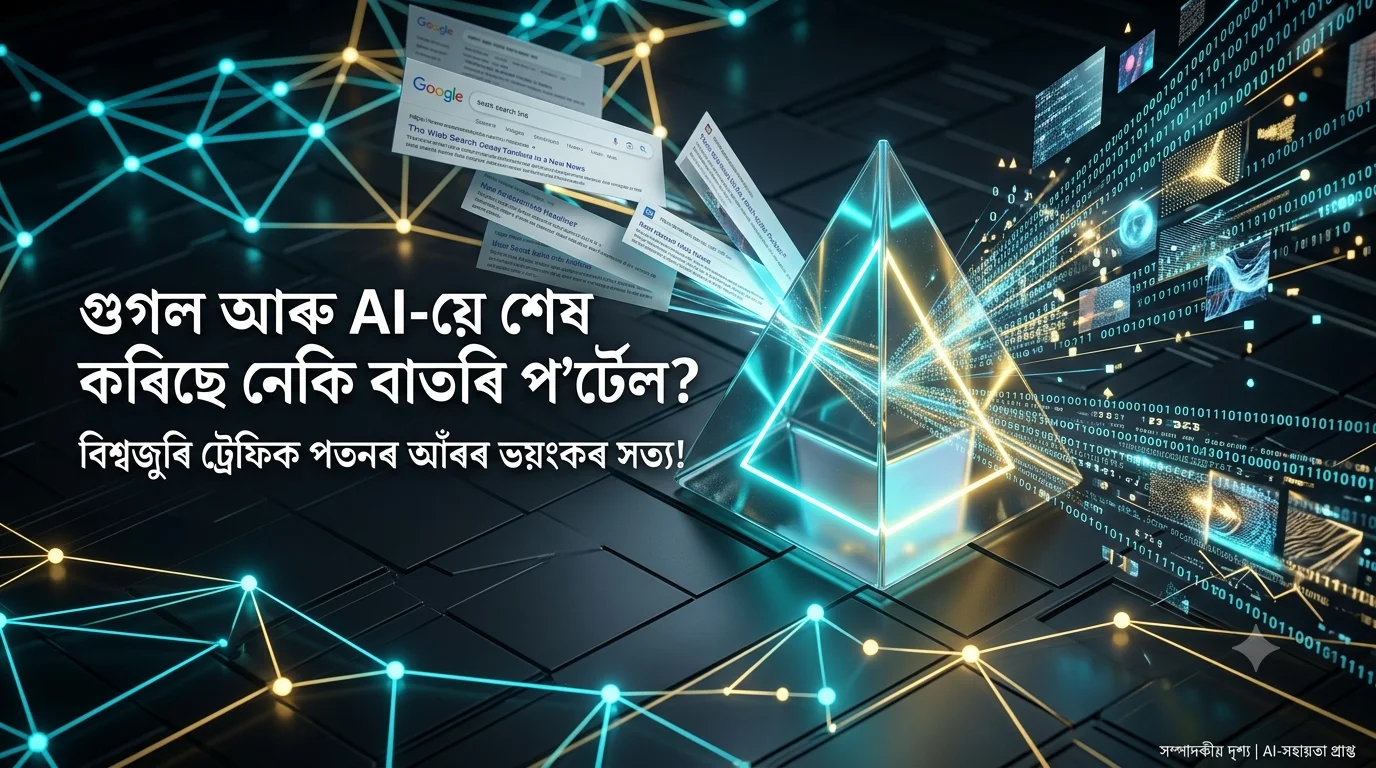 গুগল চাৰ্চৰ ফ্ৰেম আৰু ডেটা নেটৱৰ্কৰ সৈতে এক ফিউচাৰিষ্টিক গ্লাছ প্ৰিজমৰ ফিউচাৰিষ্টিক ব্যাকগ্ৰাউণ্ড, য’ত বাওঁফালে "গুগল আৰু AI-য়ে শেষ কৰিছে নেকি বাতৰি প’ৰ্টেল?" শীৰ্ষক ডাঙৰ অসমীয়া আখৰৰ শিৰোনাম আছে।