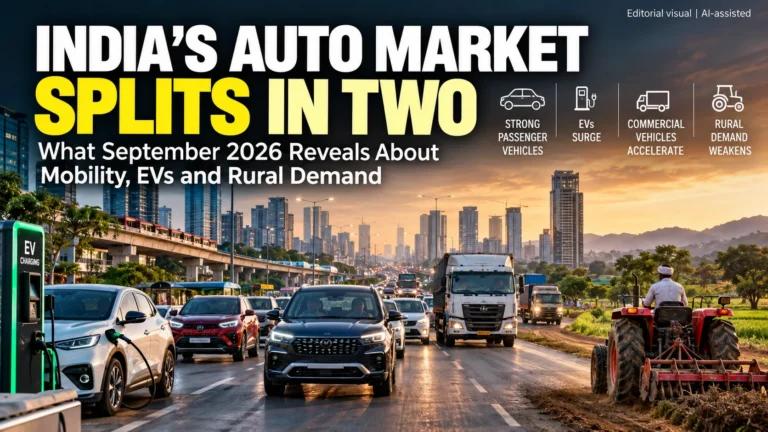 India’s September 2026 auto market showing EVs, passenger vehicles, commercial vehicles and a tractor