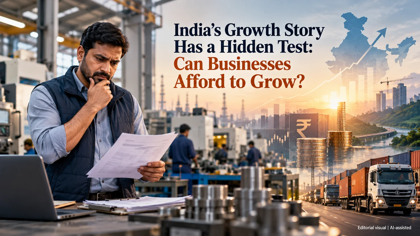 Indian manufacturing entrepreneur reviewing business costs amid economic growth and rising operating expenses.