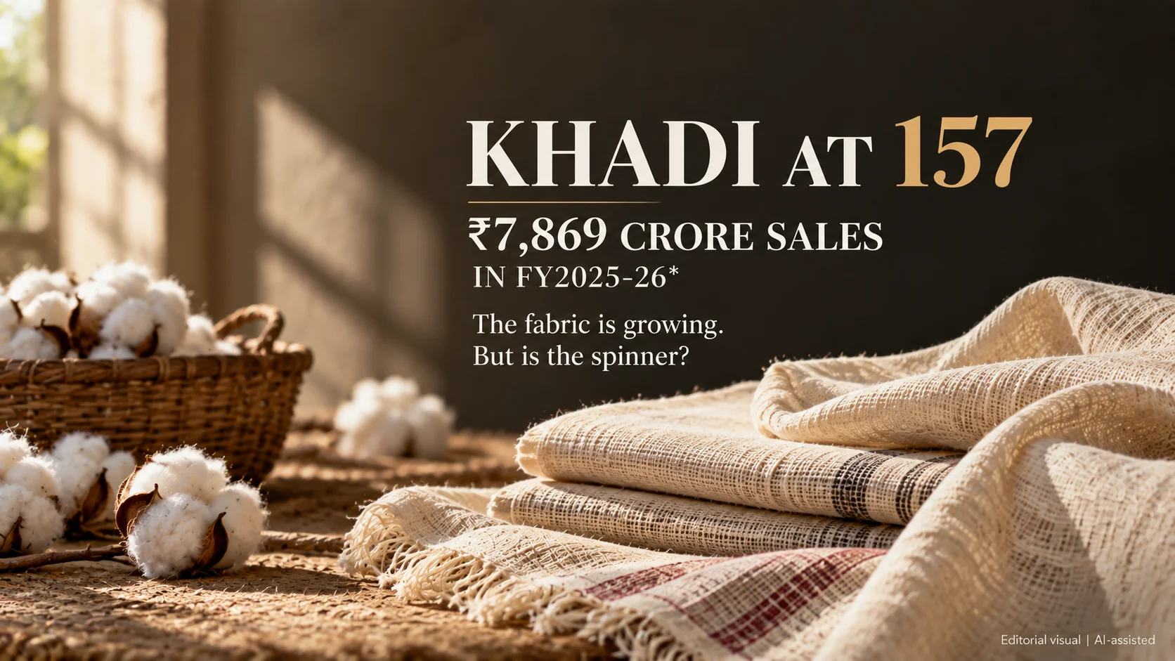 Khadi fabrics and raw cotton symbolising India's growing Khadi industry and artisan economy