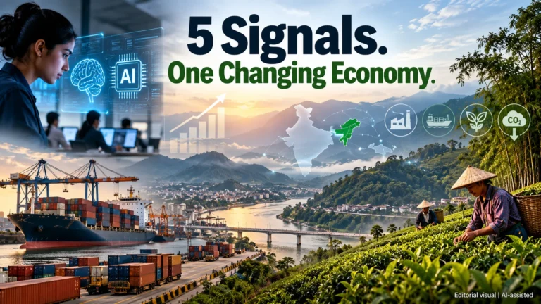 Hyper-realistic editorial illustration of AI technology, global trade, economic growth and sustainable agriculture in Northeast India.