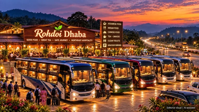 Luxury sleeper buses parked outside Rohdoi Dhabba along a Northeast India highway Caption: