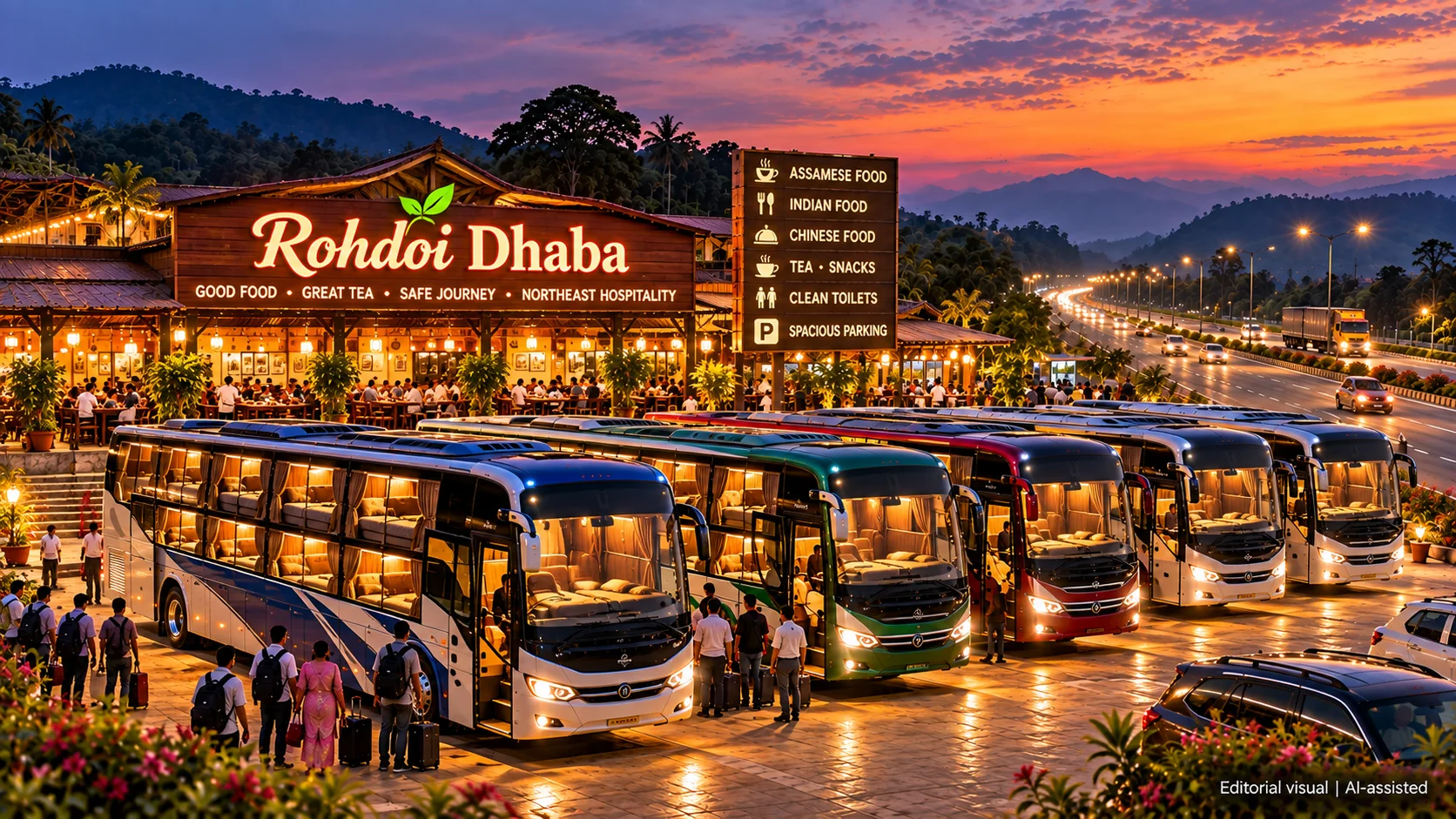 Luxury sleeper buses parked outside Rohdoi Dhabba along a Northeast India highway Caption: