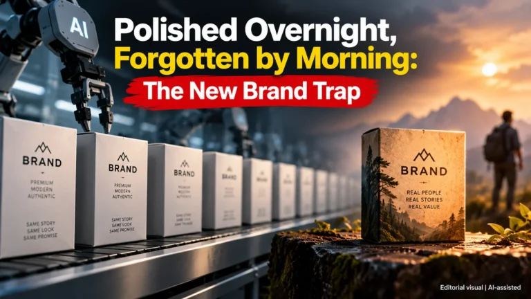 AI-generated brand packaging contrasted with identical products and a distinctive brand, illustrating the challenge of brand differentiation.