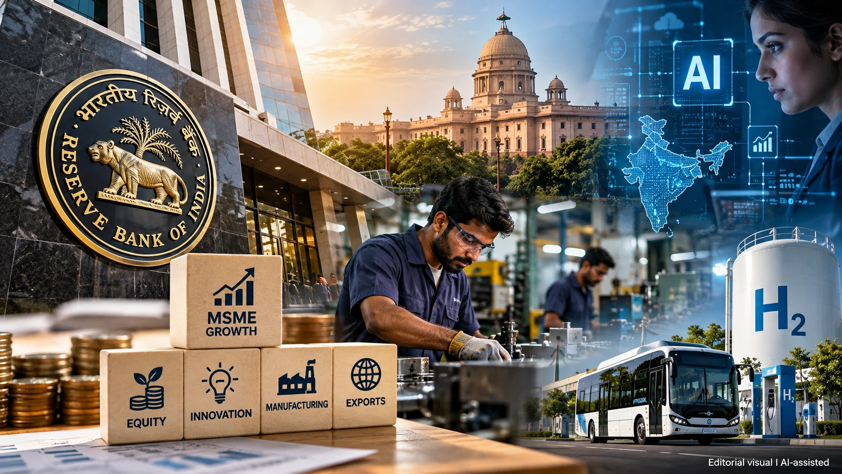 RBI rate decision, India's SME growth fund, artificial intelligence and hydrogen fuel-cell technology.