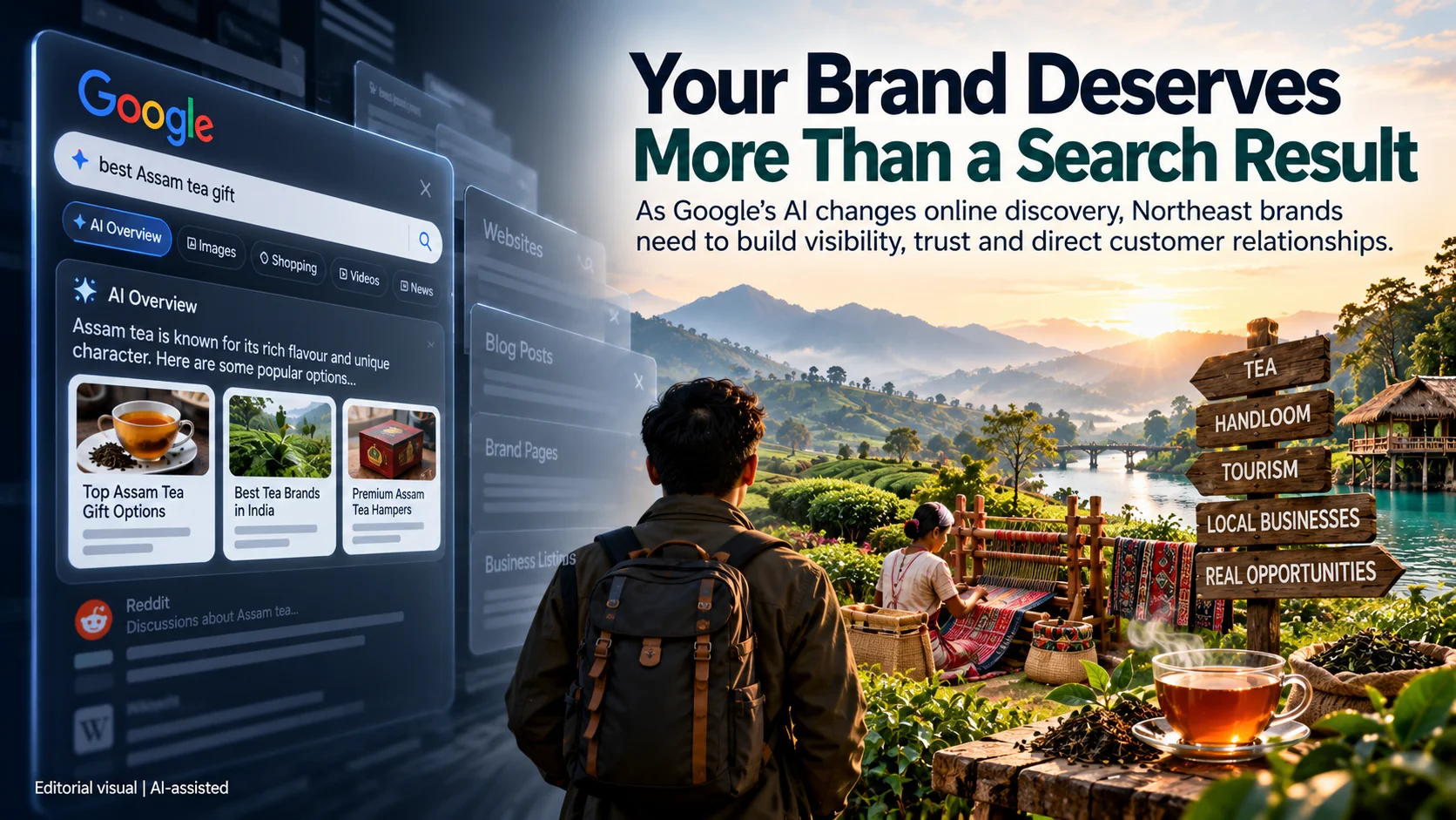 Editorial illustration showing how Google's AI-powered search is changing brand discovery, highlighting tea, handloom and tourism businesses in Northeast India.