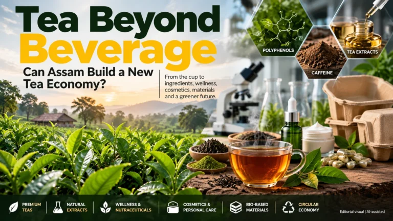 Tea plantation in Assam with tea extracts, polyphenols, caffeine and laboratory applications representing a new tea economy