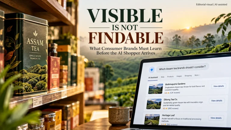 Premium Assam tea on a retail shelf beside an AI-powered product comparison interface, illustrating consumer brand discoverability in the age of AI shopping.