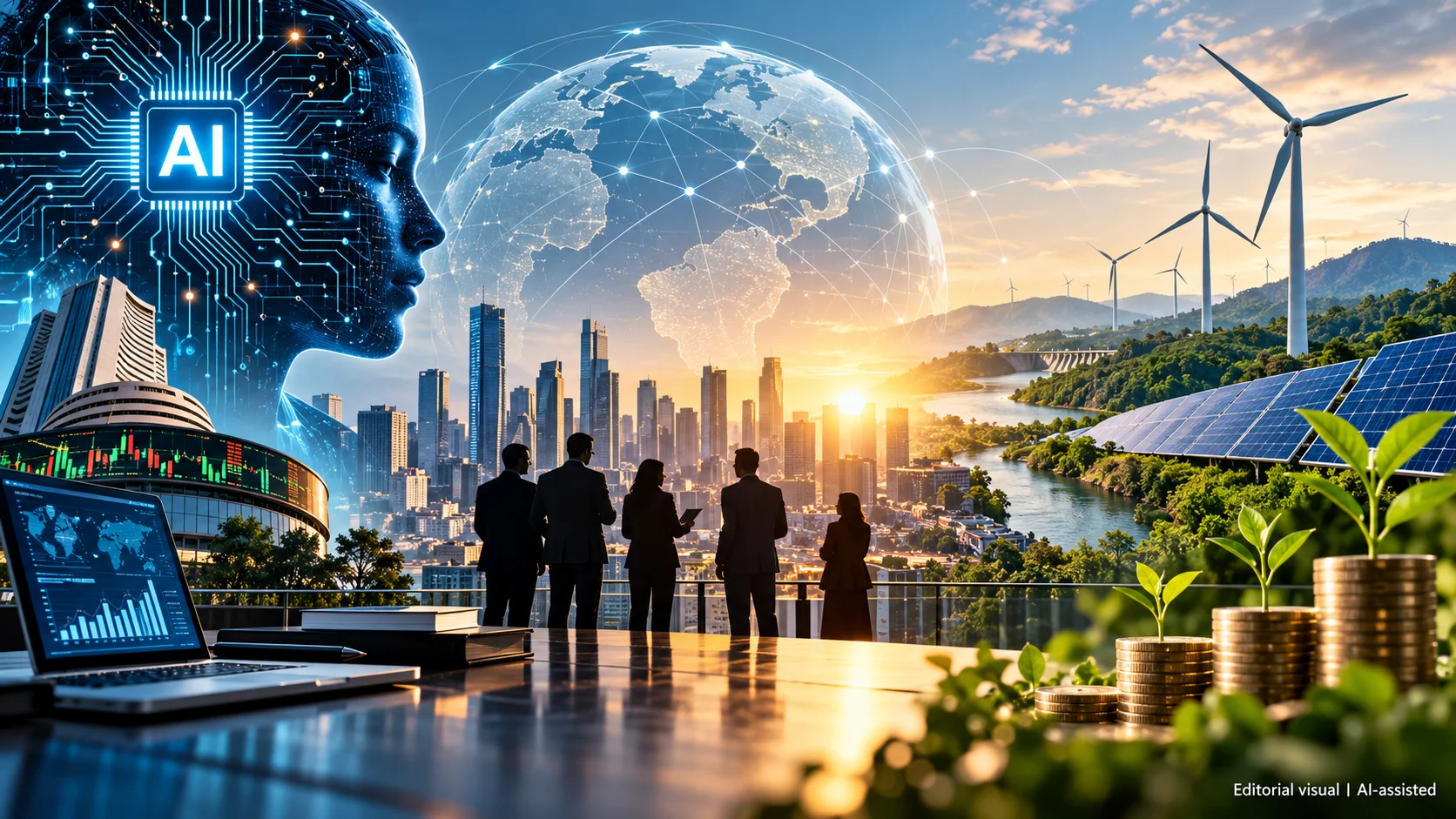 Editorial illustration representing AI innovation, global business growth and sustainable investment.