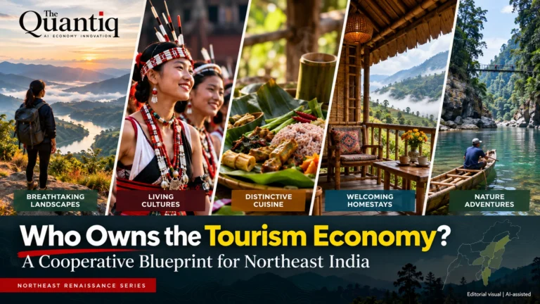 Five aspects of Northeast India tourism: mountain landscapes, indigenous cultures, regional cuisine, bamboo homestays and river adventures.