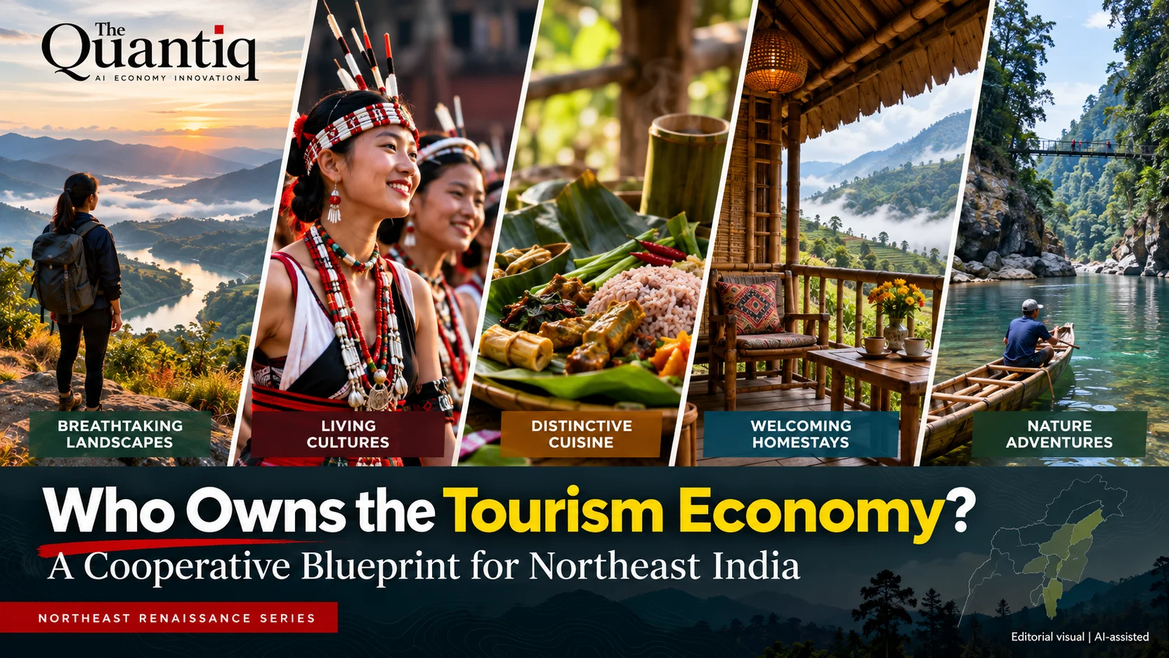 Five aspects of Northeast India tourism: mountain landscapes, indigenous cultures, regional cuisine, bamboo homestays and river adventures.